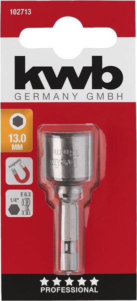 kwb Magnetische 13 mm Bit-Stecknuss Professional aus TQ 60-Stahl (Antrieb: 1/4 Zoll EQ 6.3 Sechskantschaft, ISO 1173, für Außen-Sechskantschrauben