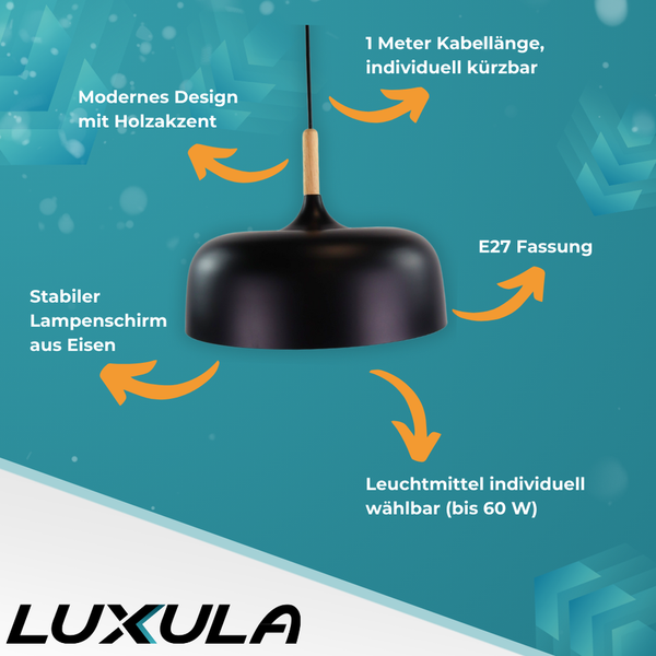 Schwarze Pendelleuchte mit Lampenschirm aus Eisen und Holzakzent