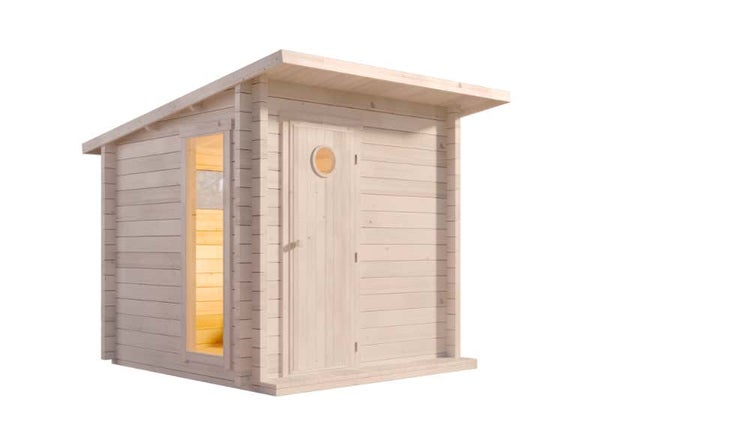 Polhus Alpholz Sauna Jussi Gartensauna 2 Sitzbänke aus Holz, Sauna mit 70 mm Wandstärke Außensauna, Naturbelassen
