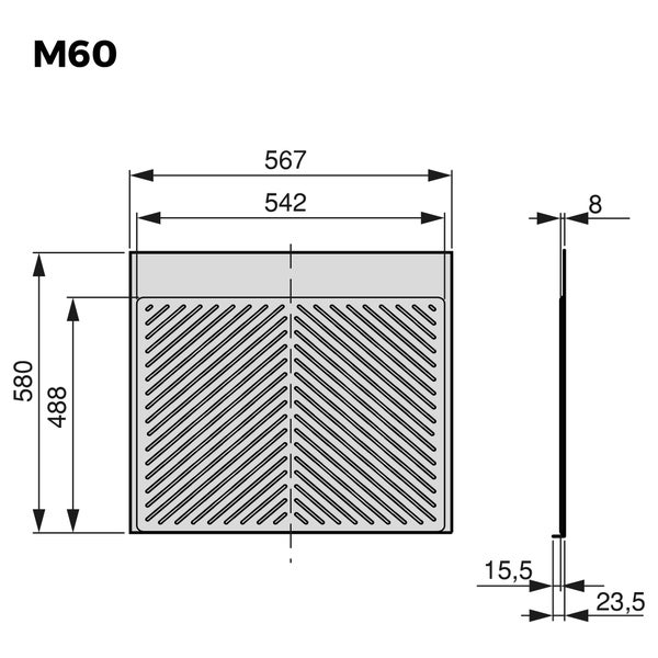 Maßskizze der strukturierten Rückwand M60 mit Abmessungen Breite 567 Millimeter, Höhe 580 Millimeter und Tiefe 8 Millimeter.