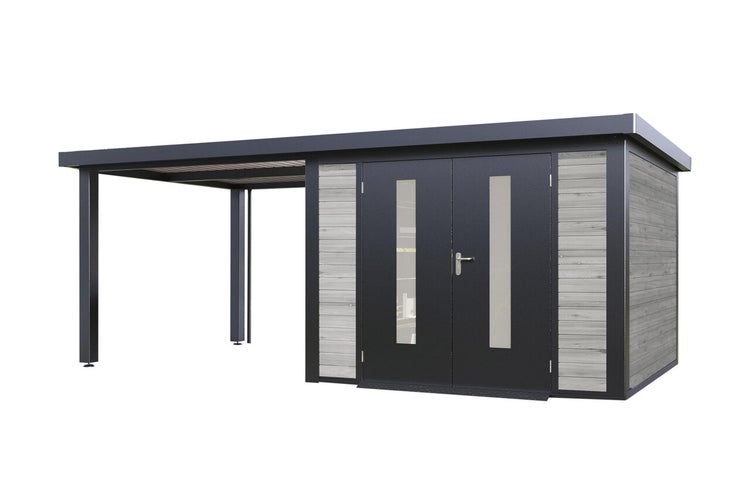 Gartenhaus mit integriertem Carport aus Metall und Holzoptik mit Doppelflügeltür und Lichtausschnitten