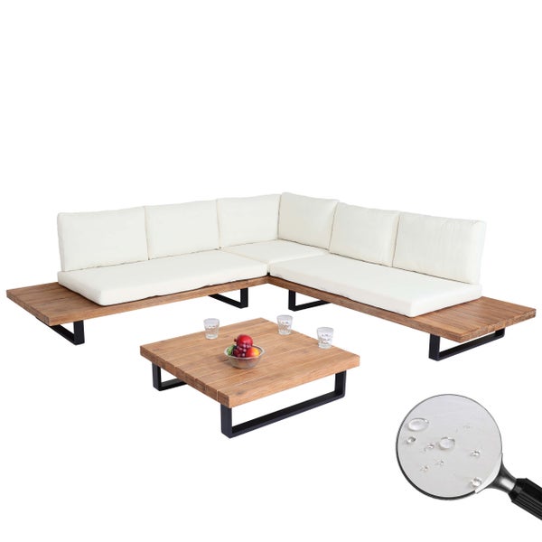 Modernes Garten-Lounge-Set aus Holz und schwarzem Metall mit L-Sofa, Couchtisch und wasserabweisenden Polstern in Creme.