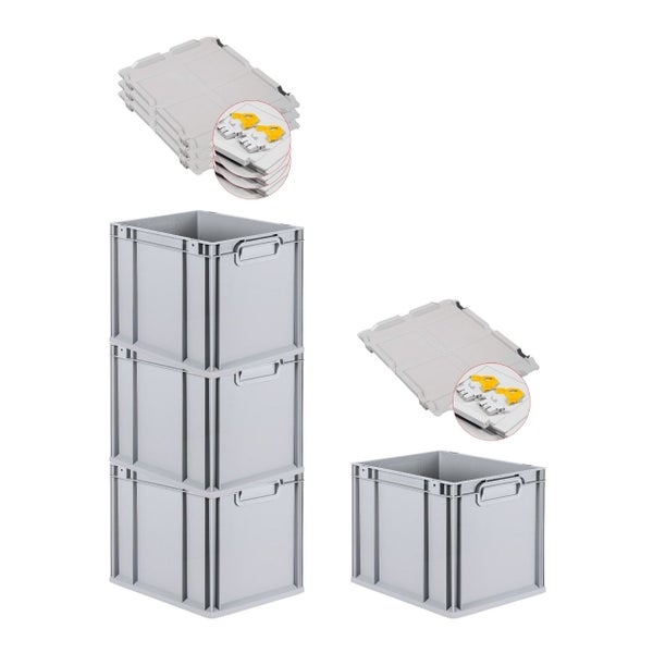 PROREGAL Spar Set 4x Eurobox Nextgen Economy Mit Scharnierdeckel & Gelben Schiebeschnappverschlüsse Griffe Geschlossen HxBxT 32 x 30 x 40 cm 30 Liter
