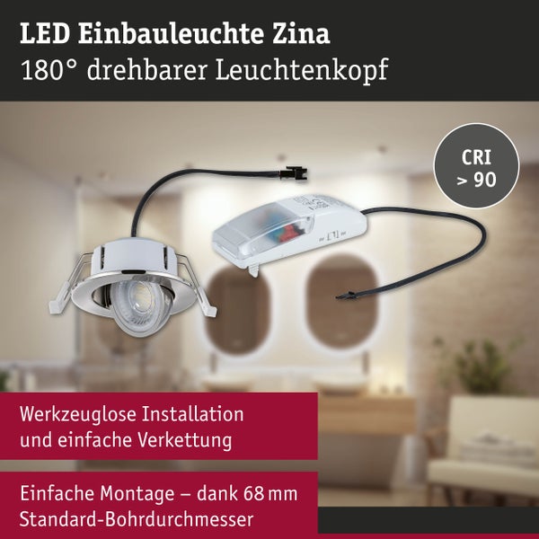 LED Einbauleuchte Zina, 180 Grad drehbarer Kopf, werkzeuglose Montage, Farbwiedergabeindex über 90, 68 Millimeter Bohrdurchmesser.