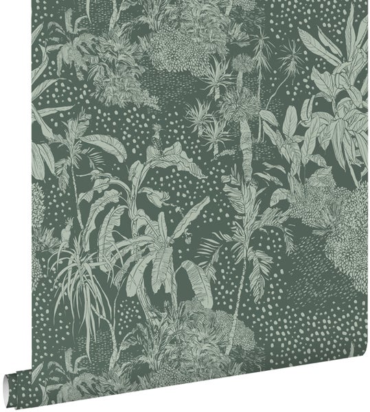 ESTAhome Tapete tropische Blätter Graugrün - 50 x 900 cm - 139887