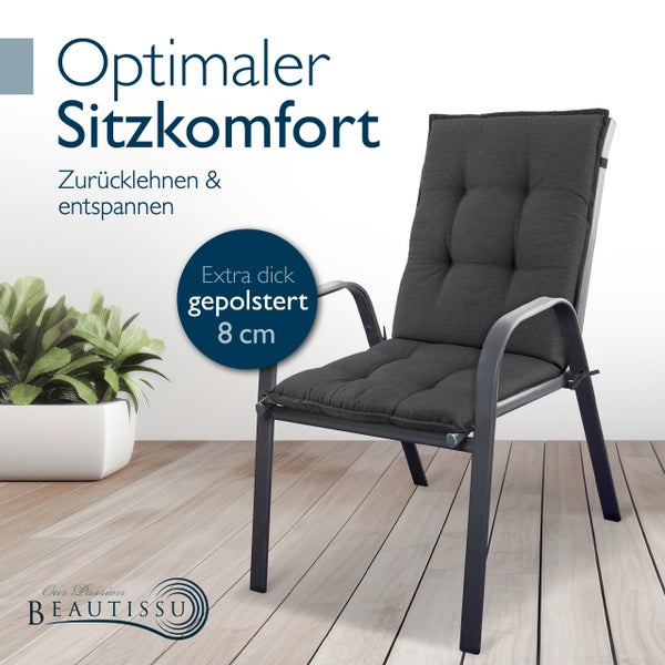 Gartenstuhl zum Zurücklehnen und Entspannen mit extra dick gepolsterter Sitzauflage von 8 Zentimeter für optimalen Sitzkomfort, Beautissu Logo.