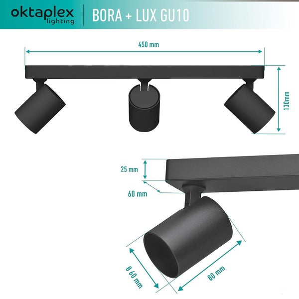 Bora Deckenstrahler inklusive stufenlos dimmbar GU10 Leuchtmittel 400lm 2700K warmweiß 5W 230V 3-flammig Spotbalken schwarz