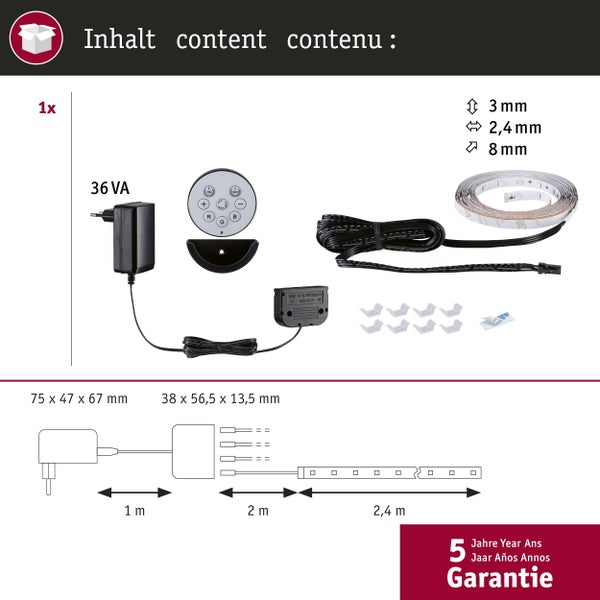 LED-Streifen-Set: 2,4 Meter LED-Streifen, 8 Millimeter breit, Netzteil, Fernbedienung, Controller, 1 Meter und 2 Meter Kabel, 5 Jahre Garantie.