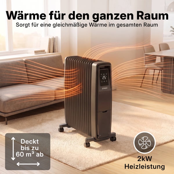 Mobiler Ölradiator mit Display für gleichmäßige Raumwärme, 2 Kilowatt Leistung, geeignet für Räume bis 60 Kubikmeter.