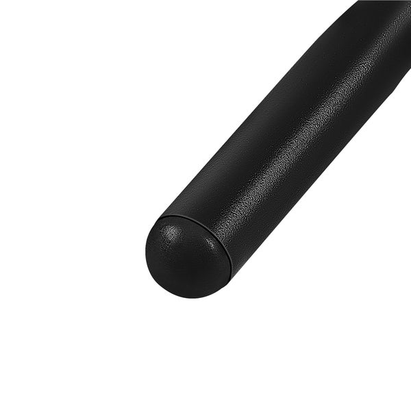 Detailansicht eines schwarzen Möbelfußes mit einer strukturierten Oberfläche und einer abgerundeten Endkappe aus Kunststoff.