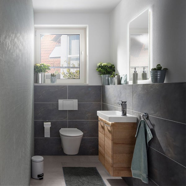 FACKELMANN MILANO Gäste-WC Set, 55 cm Breite, Korpus & Front Braun hell, Badschrank mit Soft-Close-System, Waschbecken + Waschbeckenunterschrank inkl. 2 Schubladen