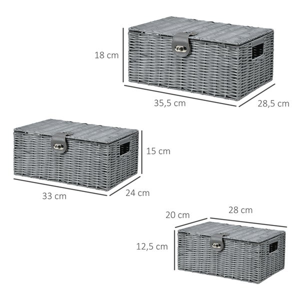 HOMCOM Aufbewahrungskorb aus Kunststoff, 3er-Set, mit Deckel und Schnallen, Ordnungsboxen für Schlafzimmer, Wohnzimmer, 18L, 12L, 7L, PP, Metall,  Grau