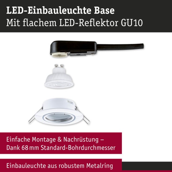 LED-Einbauleuchte Base mit weißem Metallring, flachem GU10 LED-Reflektor und Anschlussbox für 68 Millimeter Standard-Bohrdurchmesser.