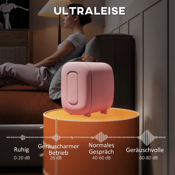 Moderner Mini-Kühlschrank für Kosmetik aus Kunststoff im Schlafzimmer, Grafik zeigt ultraleisen Betrieb mit 26 Dezibel.