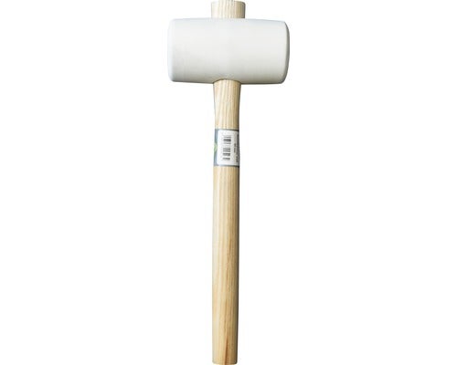 Gummihammer mit weißem Gummikopf und Holzstiel.
