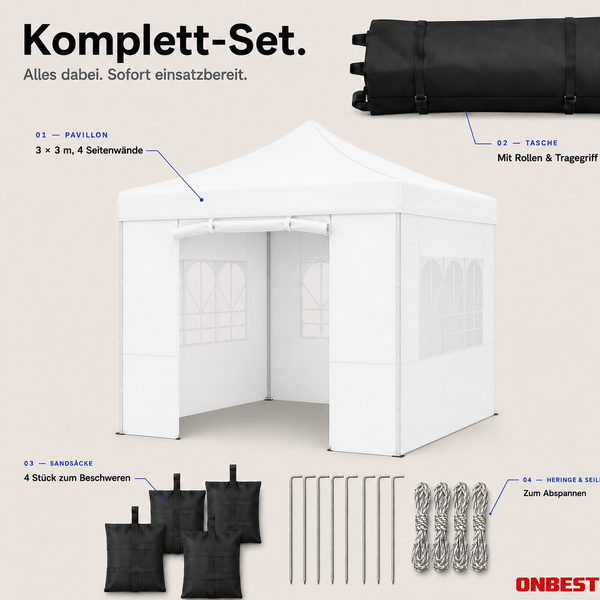 Faltpavillon Komplettset drei mal drei Meter mit vier Seitenwänden, Rolltasche, vier Sandsäcken, Heringen und Seilen. ONBEST Logo.