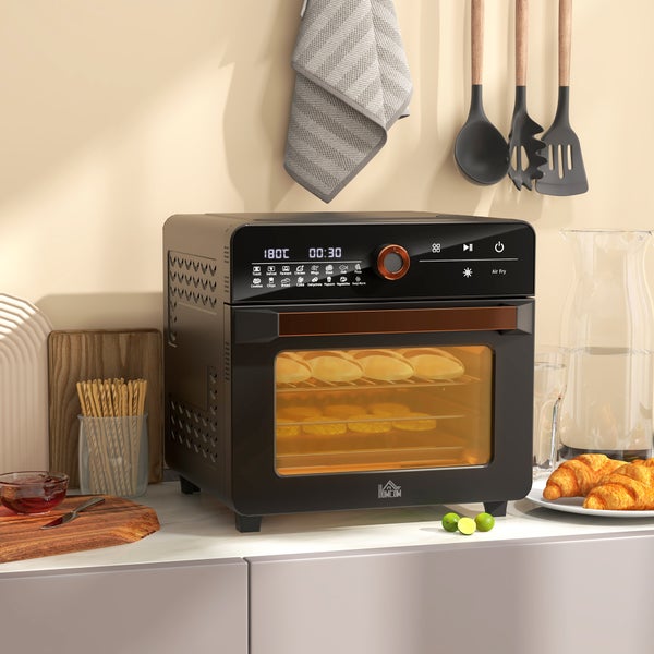 HOMCOM Minibackofen mit Umluft, 20L, 3 in 1 mit Grillrost, 40 °C-220 °C, mit Frittierkorb, Timer, Innenbeleuchtung, 1400W, 36L x 37B x 34,5H cm, Edelstahl, Schwarz