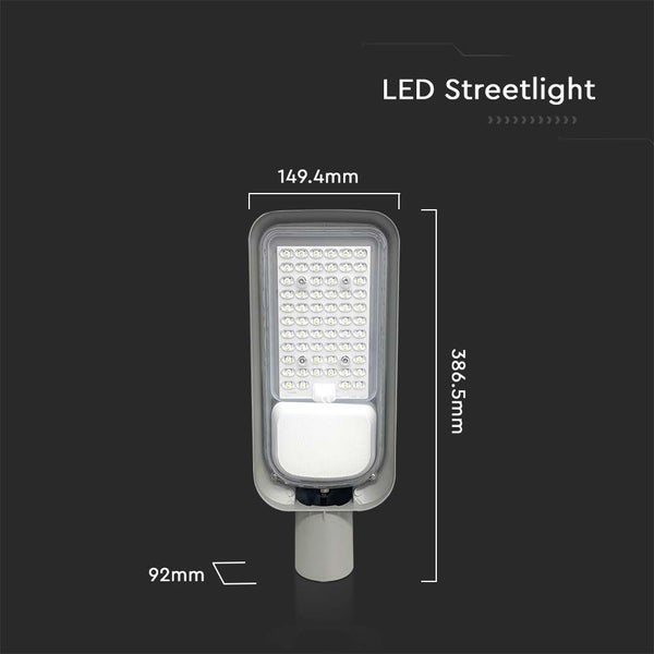 LED-Straßenleuchte mit Abmessungsangaben.