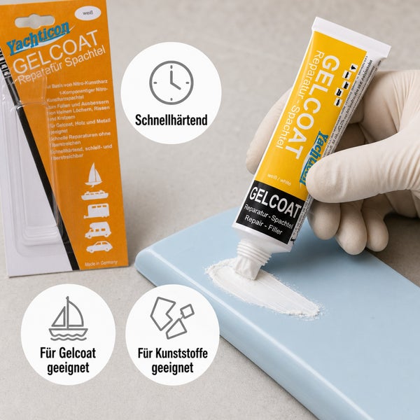 Yachticon Gelcoat Reparatur Spachtel in der Tube zum Ausbessern von Kratzern und Rissen in Gelcoat Oberflächen inklusive Produktverpackung