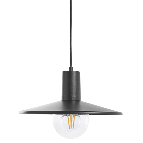 Moderne Hängeleuchte mit einem breiten Schirm und sichtbarem Filament Leuchtmittel an einem Kabel zur Deckenmontage