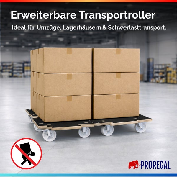 Erweiterbare Transportroller aus Holz mit Lenkrollen, beladen mit Kartons in einer hellen Lagerhalle. Proregal Logo.