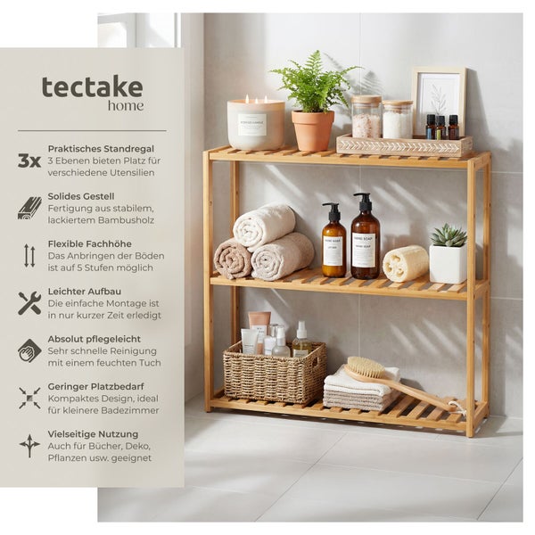 Tectake Home Standregal aus lackiertem Bambusholz mit drei Ebenen zur Aufbewahrung von Badezimmerutensilien im modernen und kompakten Design.