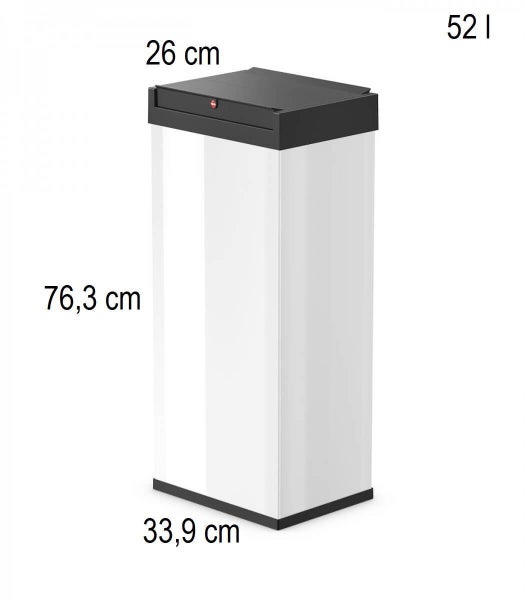 Weißer rechteckiger Abfalleimer mit grauem Deckel, Höhe 76,3 Zentimeter, Breite 33,9 Zentimeter, Tiefe 26 Zentimeter, Fassungsvermögen 52 Liter.