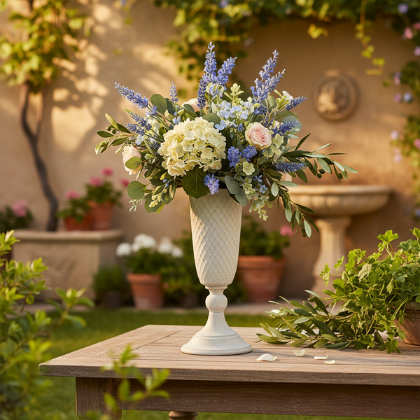 Blumengesteck mit Hortensien, Rosen und Lavendel in einer strukturierten Standvase auf einem hölzernen Gartentisch.