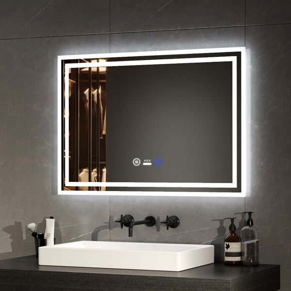 EMKE Badspiegel mit Beleuchtung 70 x 50 cm, Touch- & Sensorschalter, Anti-Beschlag, dimmbar, Warmweiß/Neutralweiß/Kaltweiß, 51 W, Aluminiumrahmen Weiß, flexibel montierbar, für Badezimmer