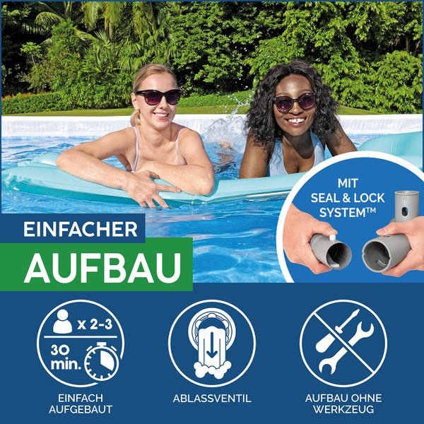 Zwei Frauen in einem Pool. Aufbau in 30 Minuten durch 2 bis 3 Personen, werkzeuglose Montage mit Seal und Lock System sowie Ablassventil.