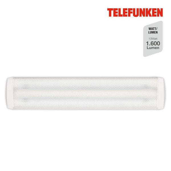 Telefunken LED-Leuchte, rechteckig mit strukturierter Abdeckung, 13 Watt, 1600 Lumen, Telefunken Logo.