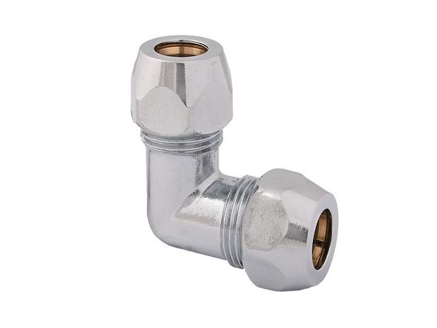 Winkelverschraubung 90 Grad aus verchromtem Messing für Rohrverbindungen.