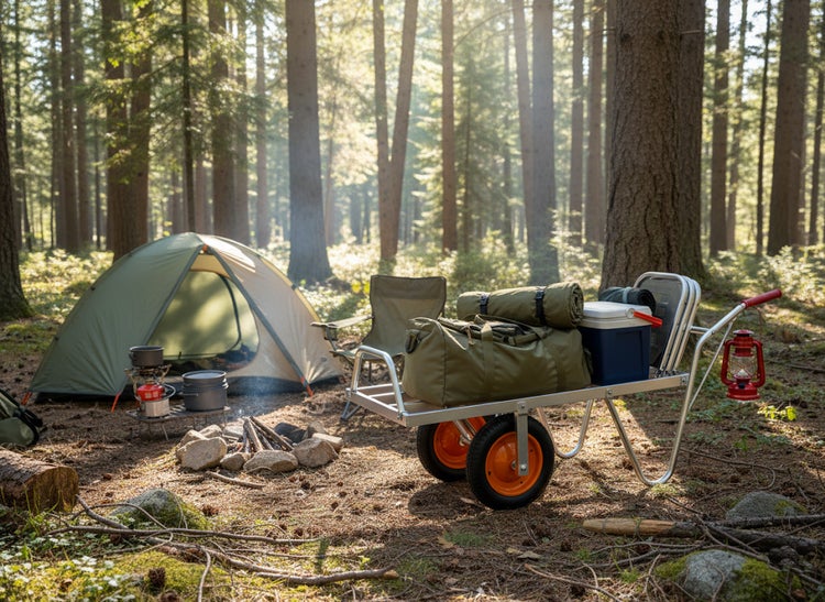 Campingplatz mit Zelt, Lagerfeuer und Transportwagen im Wald