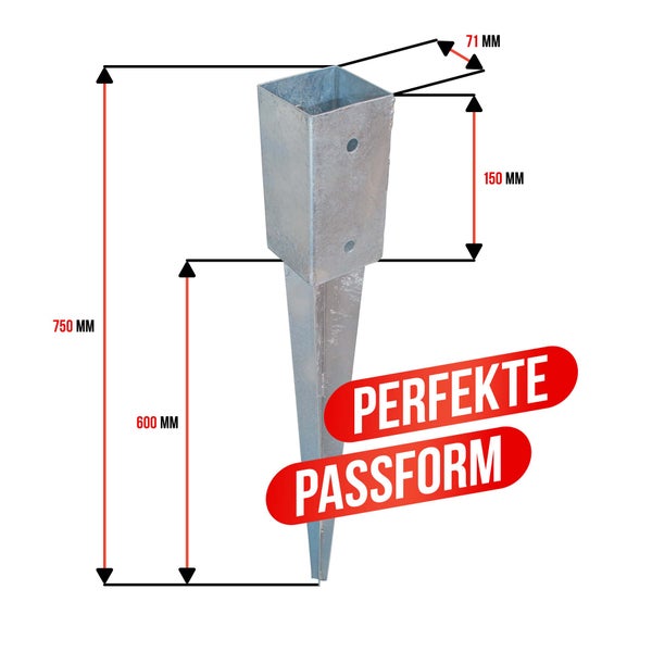 Einschlaghülse/Bodenhülse (71 mm) für Vierkantpfosten, feuerverzinkt, silber