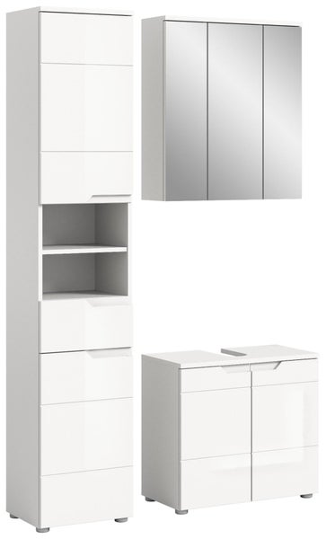 Dreiteiliges Badezimmermöbel-Set bestehend aus weißem Hochschrank, Spiegelschrank und Waschbeckenunterschrank.