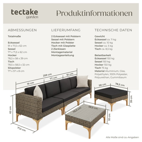 Produktinformationen zu einer Loungegruppe von Tectake Garden mit Maßen und Lieferumfang