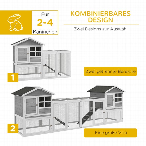 PawHut Kaninchenstall Kleintierstall aus Holz Kaninchenhaus mit Außengehege, Rampe, Kleintierhaus mit Bodenwanne, Kleintierkäfig für Indoor Outdoor Grau 259 x 64 x 92 cm