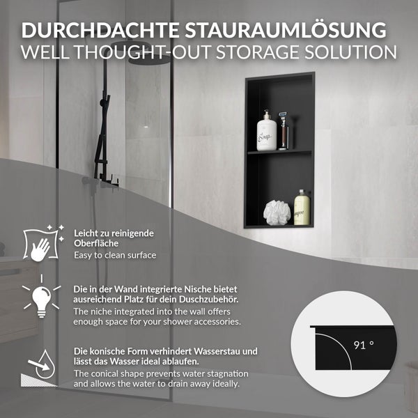 LuxeBath Wandnische Doppel aus Edelstahl, 30x60x10cm, Schwarz, Duschnische mit Rahmen, Einbauregal, Flexibler Einbau, Befliesbare Nische für Badutensilien, Duschablage, Doppelregal Badezimmer Lagerung