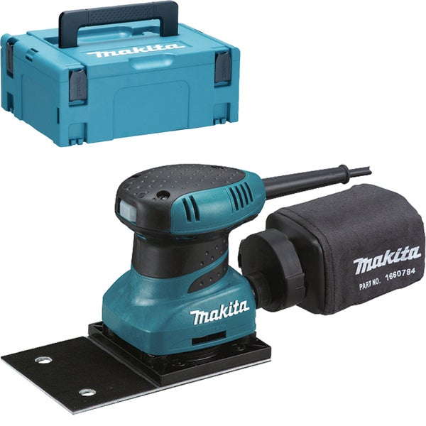 Makita Schwingschleifer mit Staubfangsack und Makpac Systemkoffer.