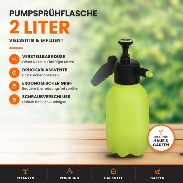 Pumpsprühflasche mit 2 Liter Fassungsvermögen für Haus und Garten mit verstellbarer Düse und Druckablassventil.