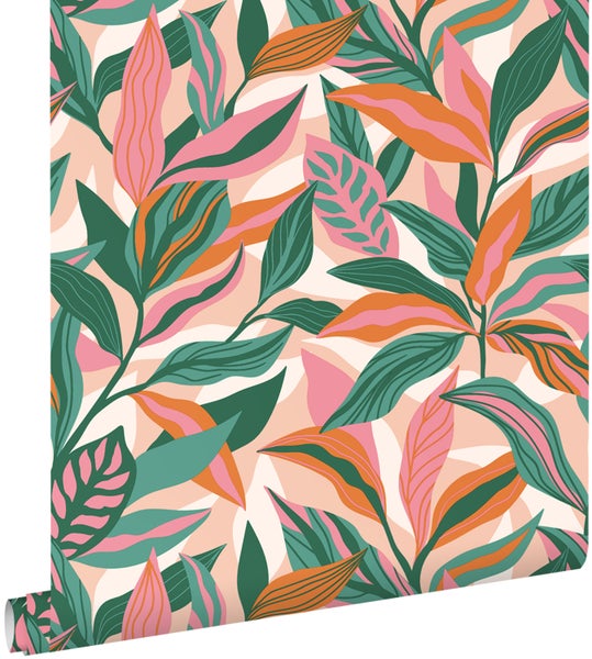 ESTAhome Tapete tropische Blätter Türkis, Rosa und Orange - 50 x 900 cm - 131044