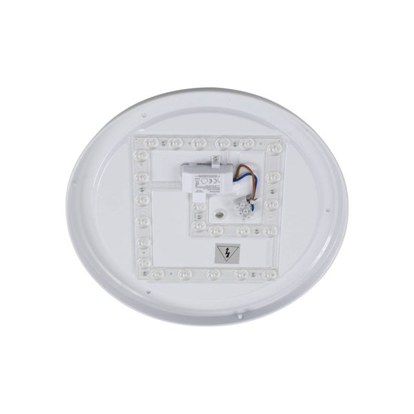 Innenansicht einer runden LED-Deckenleuchte mit LED-Modulen, Verkabelung und Transformator.