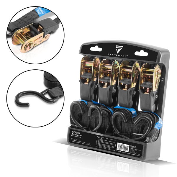 Spanngurte ZG-800 ST  mit Ratsche + Haken 400 kg Zuglast 4er Set