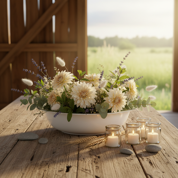 Rustikaler Holztisch mit Schale voller Dahlien, Lavendel und Eukalyptus sowie kleine Kerzengläser und Steine in heller Atmosphäre.