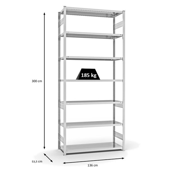 PROREGAL Fachbodenregal Stecksystem T-Profil Light-Duty Grundregal HxBxT 300 x 130 x 50 cm 7 Ebenen Fachlast 185 kg Beidseitig Nutzbar Lichtgrau