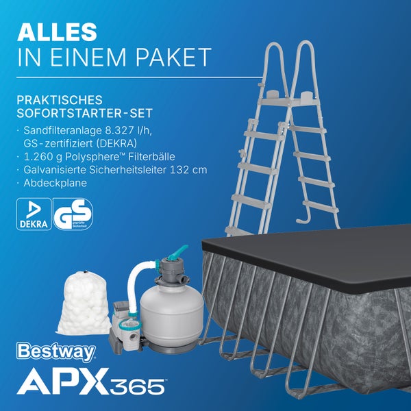 Bestway APX 365 Pool-Starterset mit Sandfilteranlage, Filterbällen, Sicherheitsleiter und Abdeckplane. DEKRA Logo und Geprüfte Sicherheit Siegel.