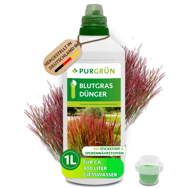 Purgrün Logo. Blutgras Dünger von Purgrün in 1 Liter Flasche mit Dosierkappe. Konzentrat für circa 400 Liter Gießwasser. Blutgras im Garten.
