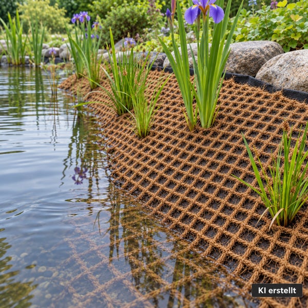 Kokosfasergewebe zur Uferbefestigung an einem Gartenteich mit bepflanztem Böschungsschutz.