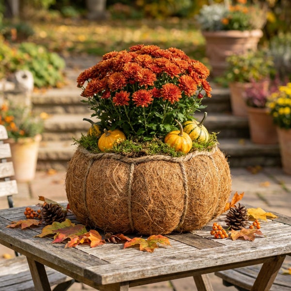 Herbstliche Tischdekoration mit einer Chrysantheme in einem Pflanzkorb aus Kokosfaser und Kürbissen auf einem Holztisch.