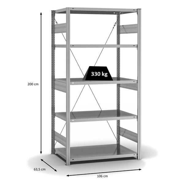 PROREGAL Fachbodenregal Stecksystem T-Profil Heavy-Duty Grundregal HxBxT 200 x 100 x 60 cm 5 Ebenen Fachlast 330 kg Einseitig Nutzbar Verzinkt